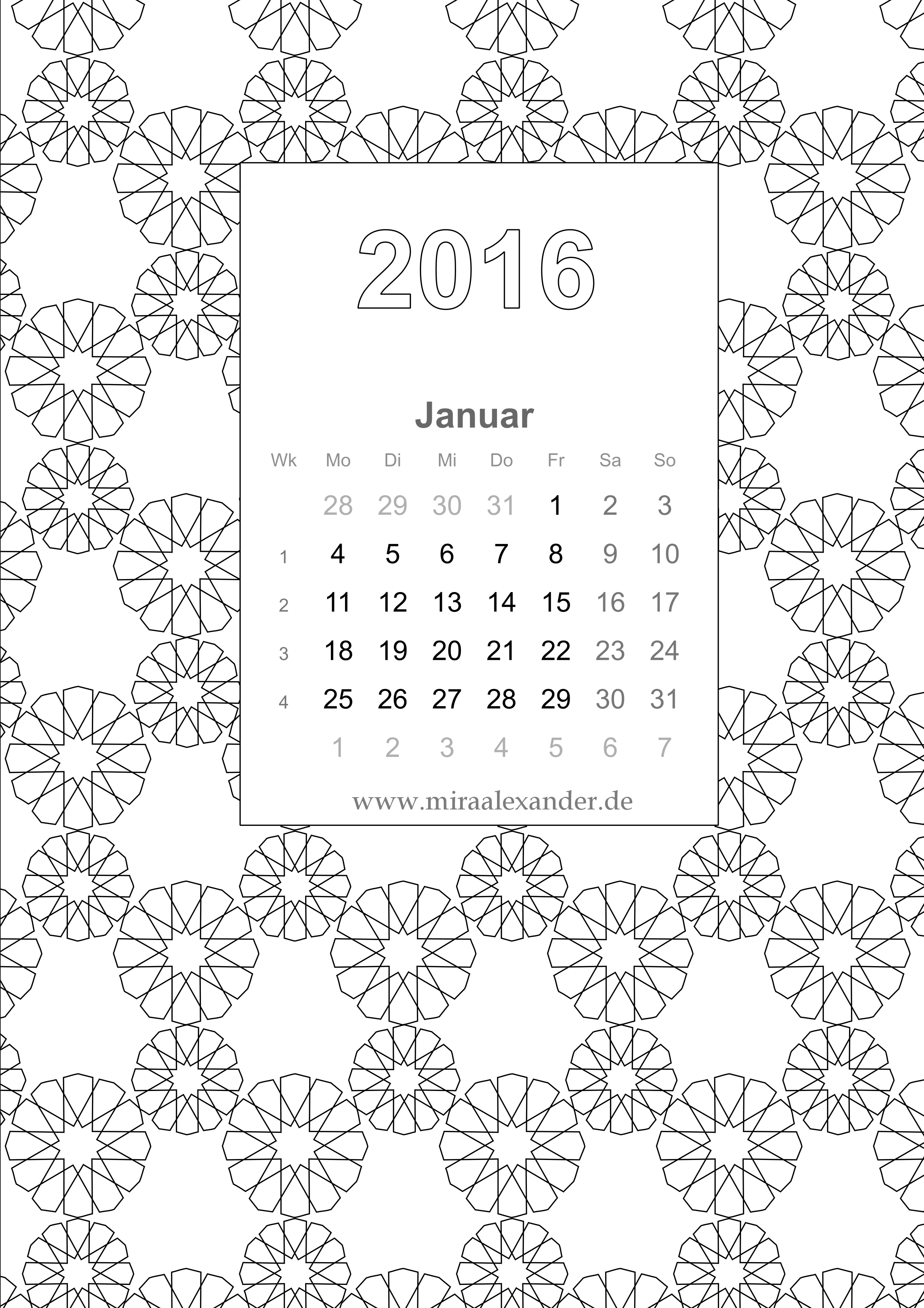 Kalenderblatt zum Ausmalen von Mira Alexander, schwarz-weiß / Coloring Book Calendar page by Mira Alexander, black-white