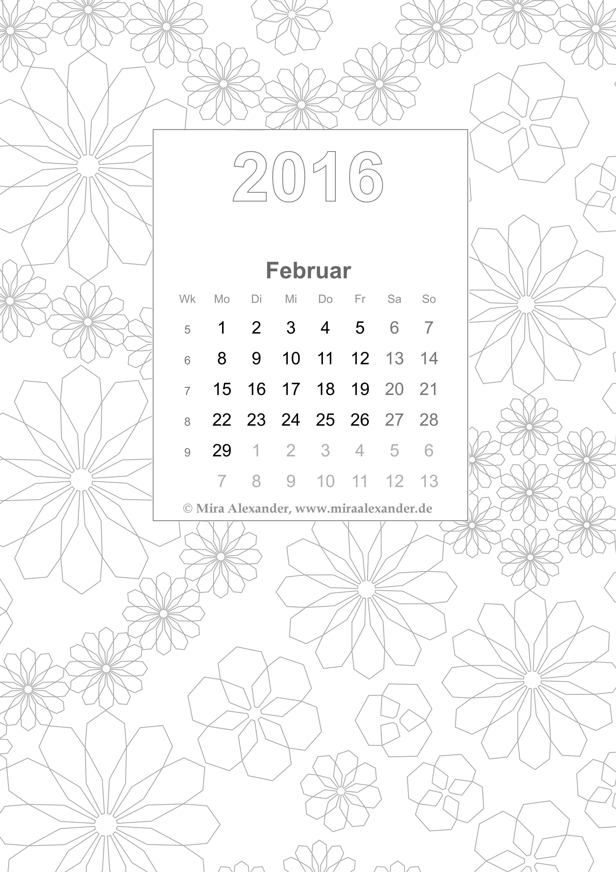 Coloring Book Calendar 2016/02 (private use only / nur für privaten Gebrauch); © Mira Alexander; right-click and safe for download / Rechtsklick und Speichern zum Herunterladen