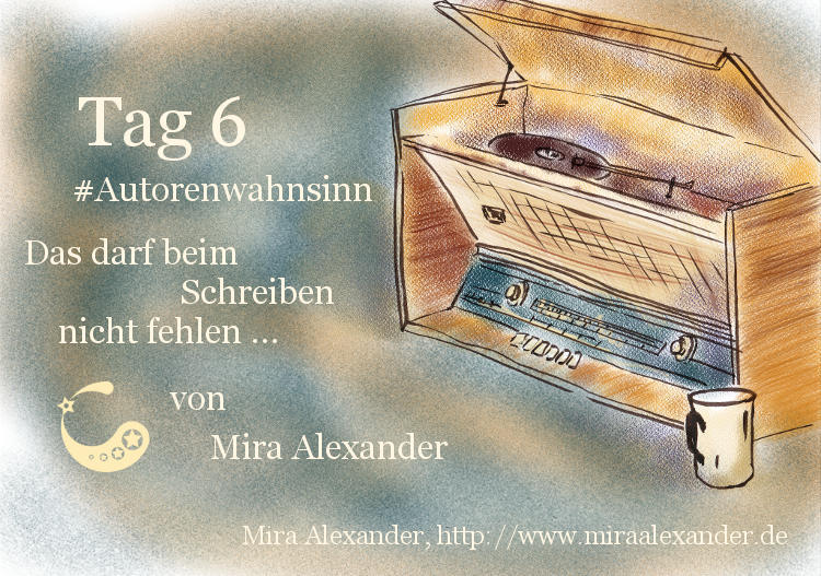 Das darf beim Schreiben nicht fehlen von Mira Alexander. Das Bild zeigt einen alten Plattenspieler. Colorierte Digitalzeichnung.