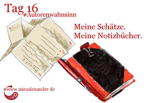 Tag 16 - Meine Notizbücher von Mira Alexander, #Autorenwahnsinn. Das Bild zeigt eine China-Kladde mit einem Stift sowie von mir gebastelte Leporellos.