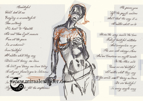 Skizzen zum Freitagssong „Beautiful“ von Chrstina Aguilera. Kompositionsentwurf mit zweiter Pose, hell