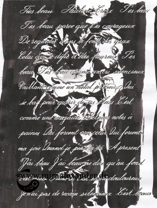Kompositionsversuch zu T’es beau von Pauline Croze, Kontrasttext auf schwarz-weiß, digital nachbearbeitet (weißer Text auf dunklen Bildpartien, schwarzer Text auf hellen)
