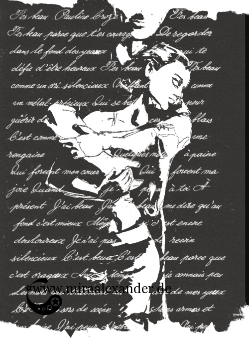 Kompositionsversuch zu T’es beau von Pauline Croze, weißer Text auf dunklen Partien des schwarz-weißen Hintergrunds, digital nachbearbeitet