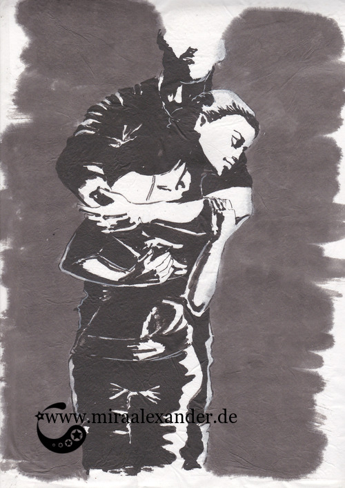 Entwurf eines Hintergrunds zur Kallillustration, schwarz-weiß auf grauem Hintergrund, Sumi-e auf Wanzhou-Papier, mit PVA-Kleber aufgezogen