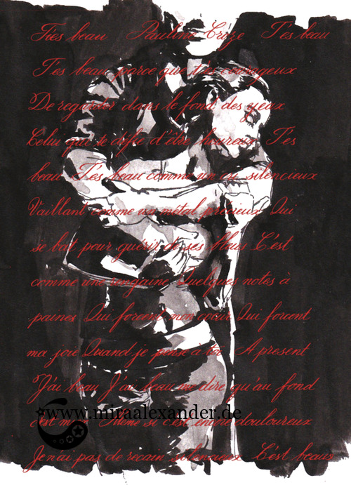 Kompositionsversuch zu T’es beau von Pauline Croze, roter Text (Gouache) auf schwarz-grau-weißem Hintergrund, digital nachbearbeitet