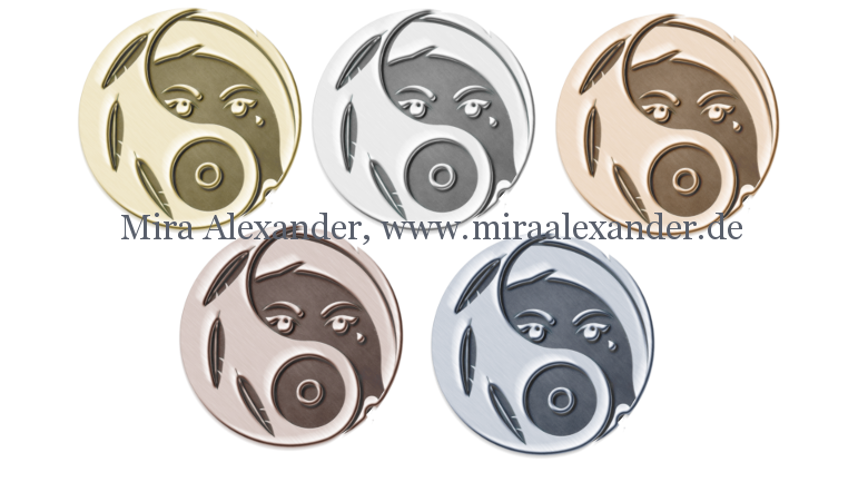 So könnte das Logo einer Sirene als Logo aussehen, von Mira Alexander, http://www.miraalexander.de ; von links nach rechts, oben nach unten: Gold, Silber, Bronze, Kupfer, Stahl