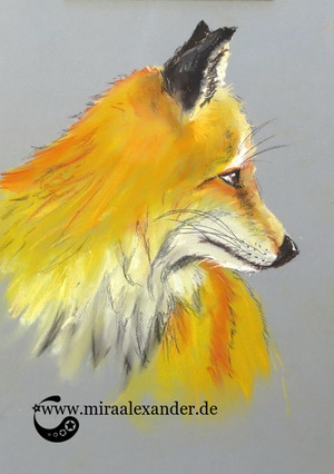 Ein Fuchs ist auch nur ein Hund, von Mira Alexander. Pastellzeichnung eines Fuchskopfes.
