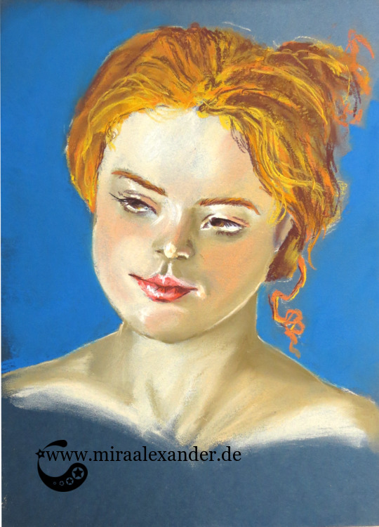 Pastellzeichnung eines Frauenkopfes auf Tonkarton von Mira Alexander.