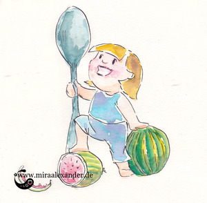 Comic-Zeichnung mit einem Kind, dass eine Wassermelone bezwungen hatte, von Mira Alexander.