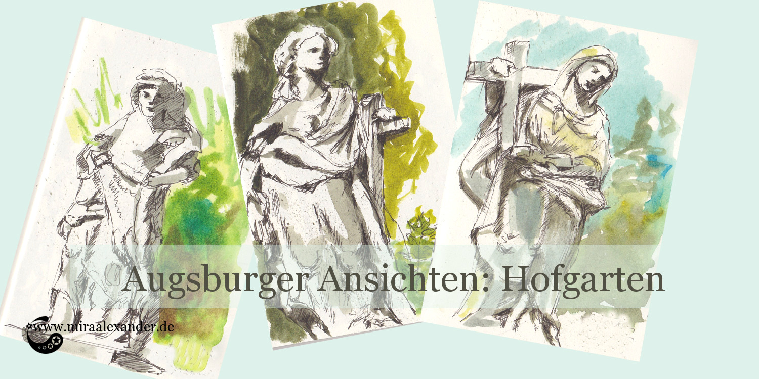 Eine Zeichnung von drei Statuen aus dem Augsburger Hofgarten von Mira Alexander.
